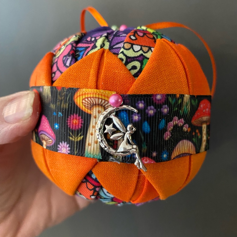Handcrafted room, groovy ornament, quilted solid, 4 inch ball 10 inch diameter